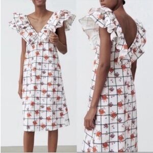 Zara floral Print V-Neck Ruffle Dress White medium BNWT boho hippie